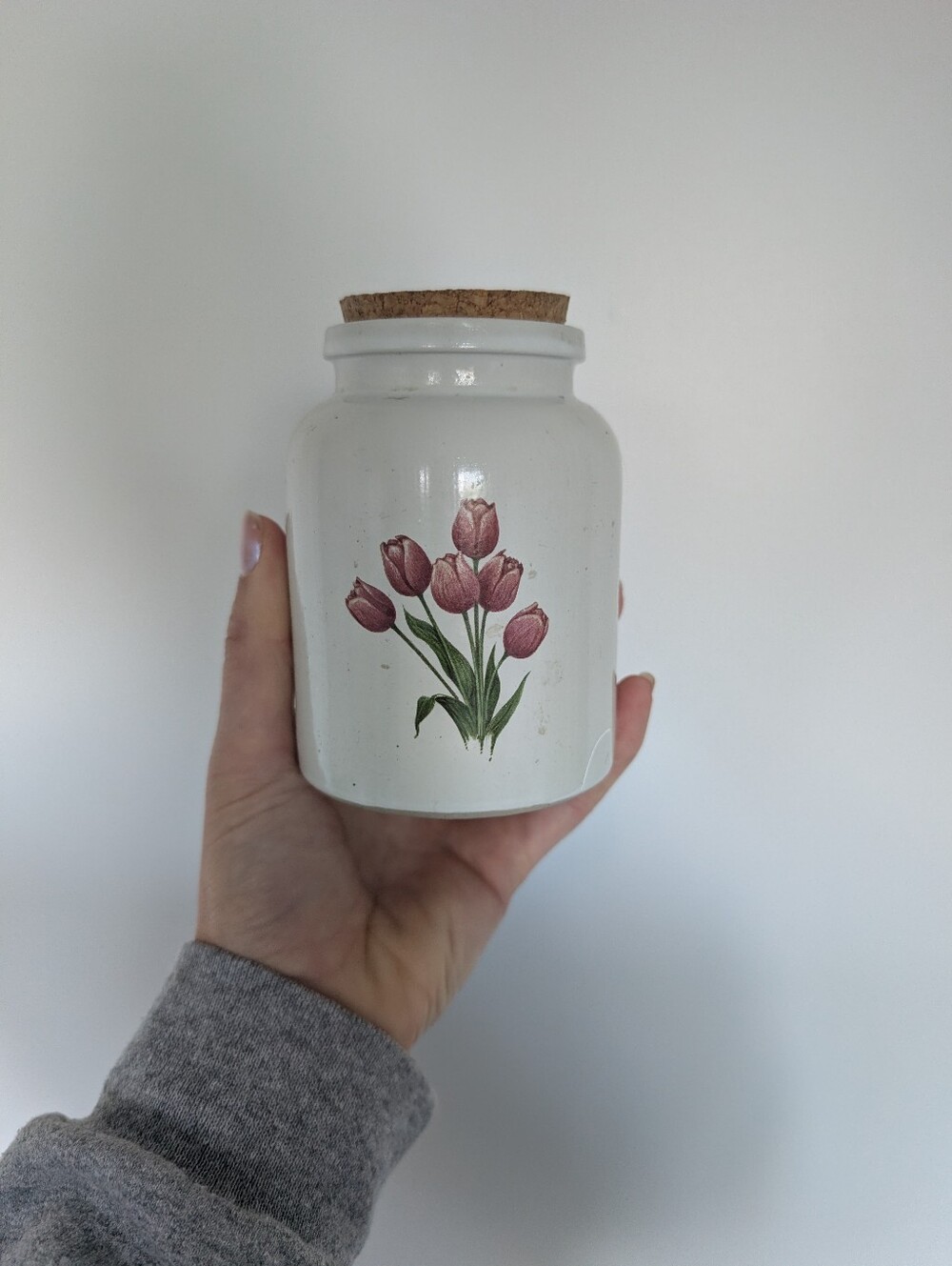 Vintage Ceramic Tulip Canister / Storage Jar with Cork Lid – 5" Floral Pottery